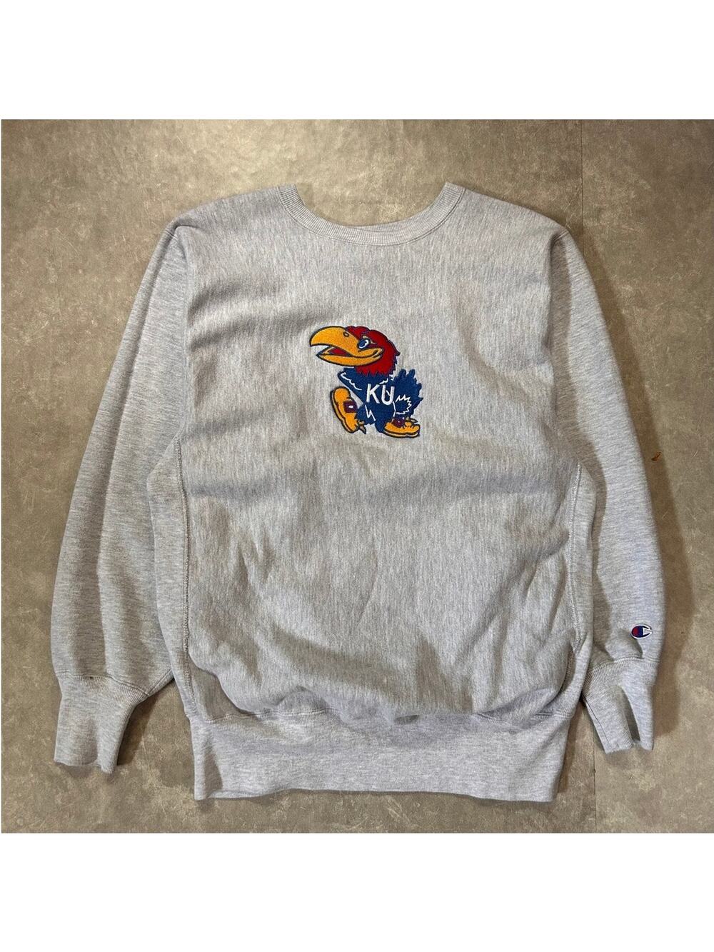 90's Vintage Kansas Jayhawks Champion Reverse Weave Heather Grey Crewneck -XL